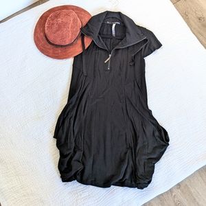 Kensie Short Sleeve Jersey Knit Dress Draped Pockets 1/4 Zip Cowl Neck Black Sm